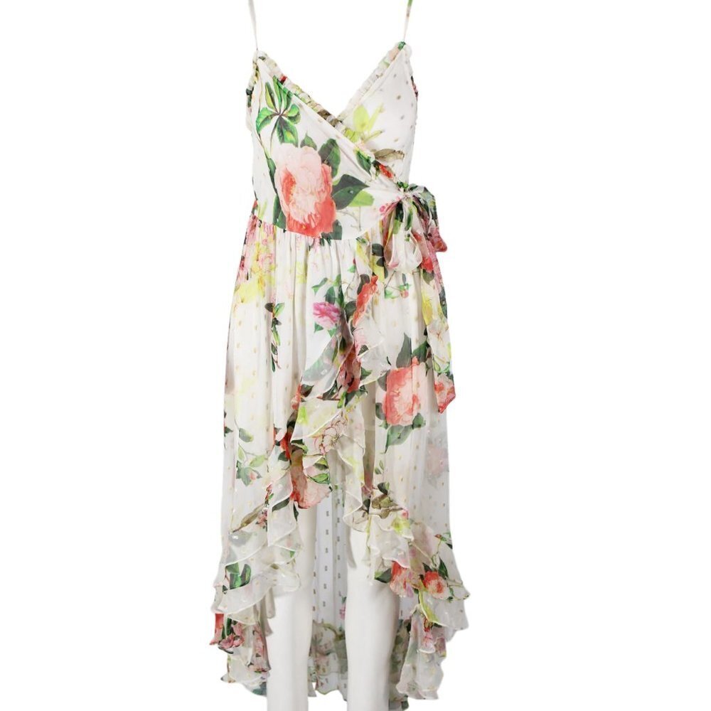 Rococo Sand Swiss Dot Floral High Low Wrap Maxi Dress XS